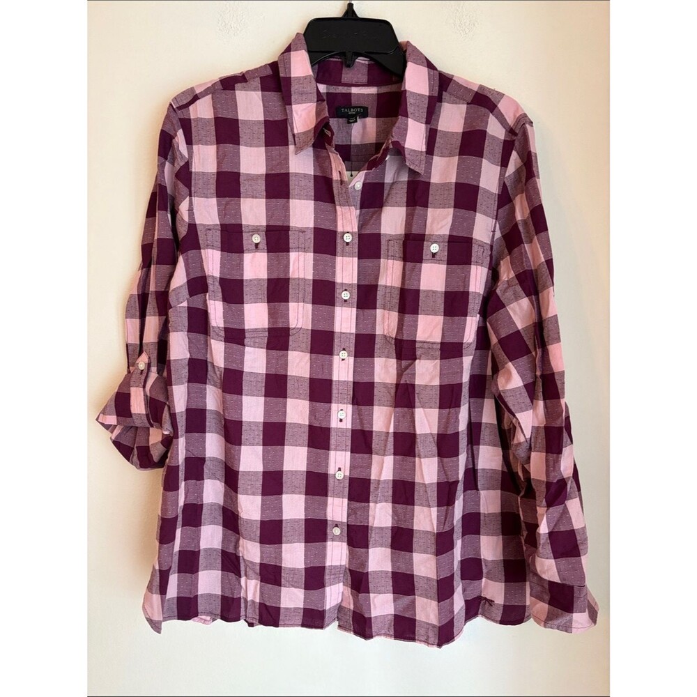 Talbots Pink Burgundy women’s cotton lightweight Plaid Button-Down Shirt XLP